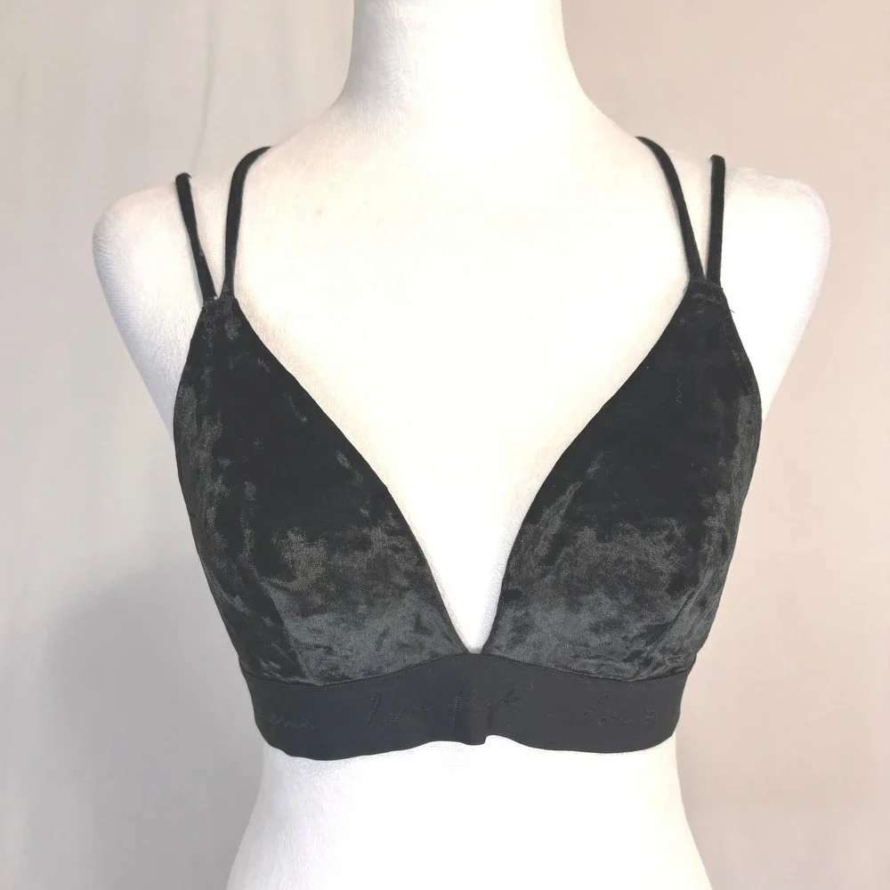 Pink Victoria's Secret Bralette Womens‎ Small Black Crushed Velvet Strappy Back